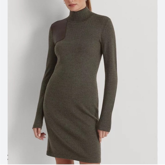 Ralph Lauren Leather Patch Sweater Dress Wool Brown Herringbone Plus 1x - Picture 1 of 4